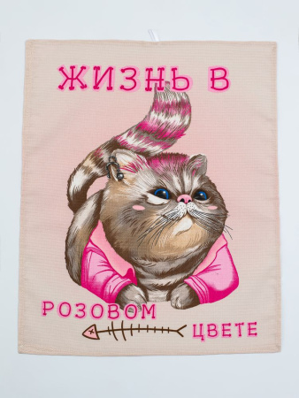 Комплект вафельных полотенец 48*60 см, 3 штуки (Розовый кот)