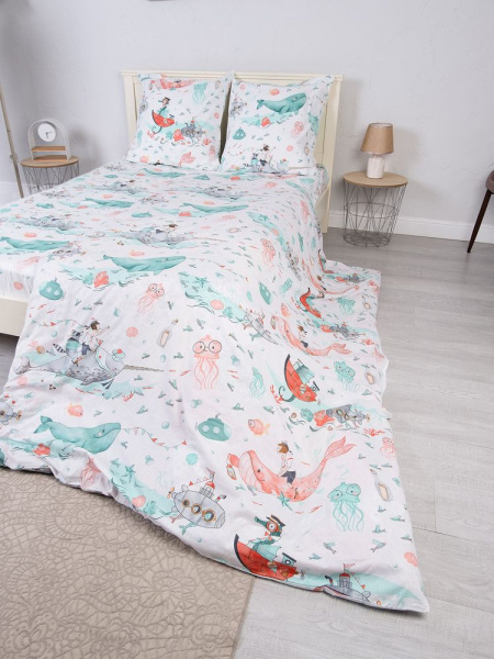 Простыня 1,5-спальная, перкаль, детская расцветка (Морячок)